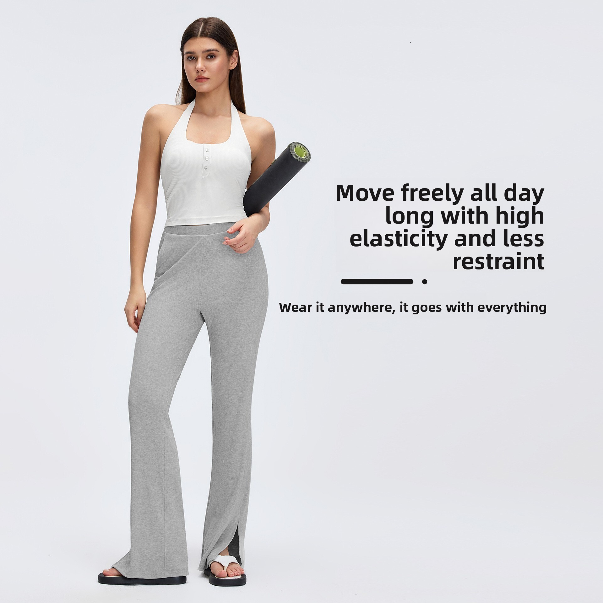 Sand-washed ribbed yoga for women, loose fit, slimming, wide-leg, slightly flared with side slits, sports and fitness long pants D26024