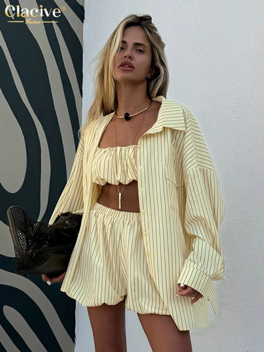Clacive Fashion Loose Stripe Print 2 Piece Set Women Elegant Long Sleeve Shirt Tube Top With High Waist Shorts Female 260306
