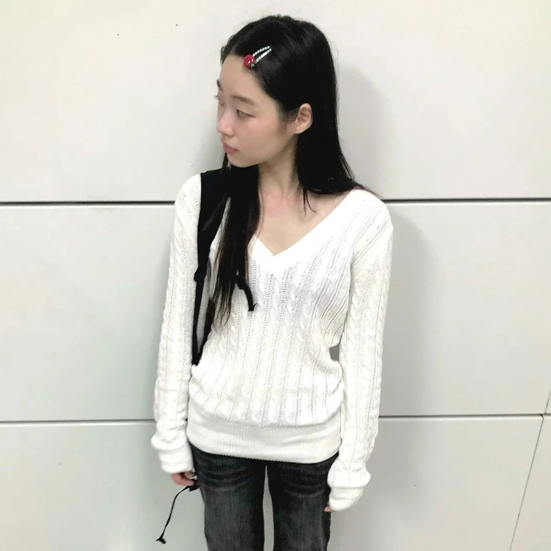 Karrram Japanese Y2k Vneck White Sweater Vintage Harajuku Knit Slim Pullover Korean Style Fall Winter Knitwear 2000s Aesthetics 260306