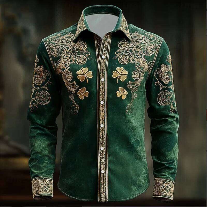 New Men's Floral With Gold 3D Clover Print, Fashionable And Luxurious Long Sleeved Shirt Top