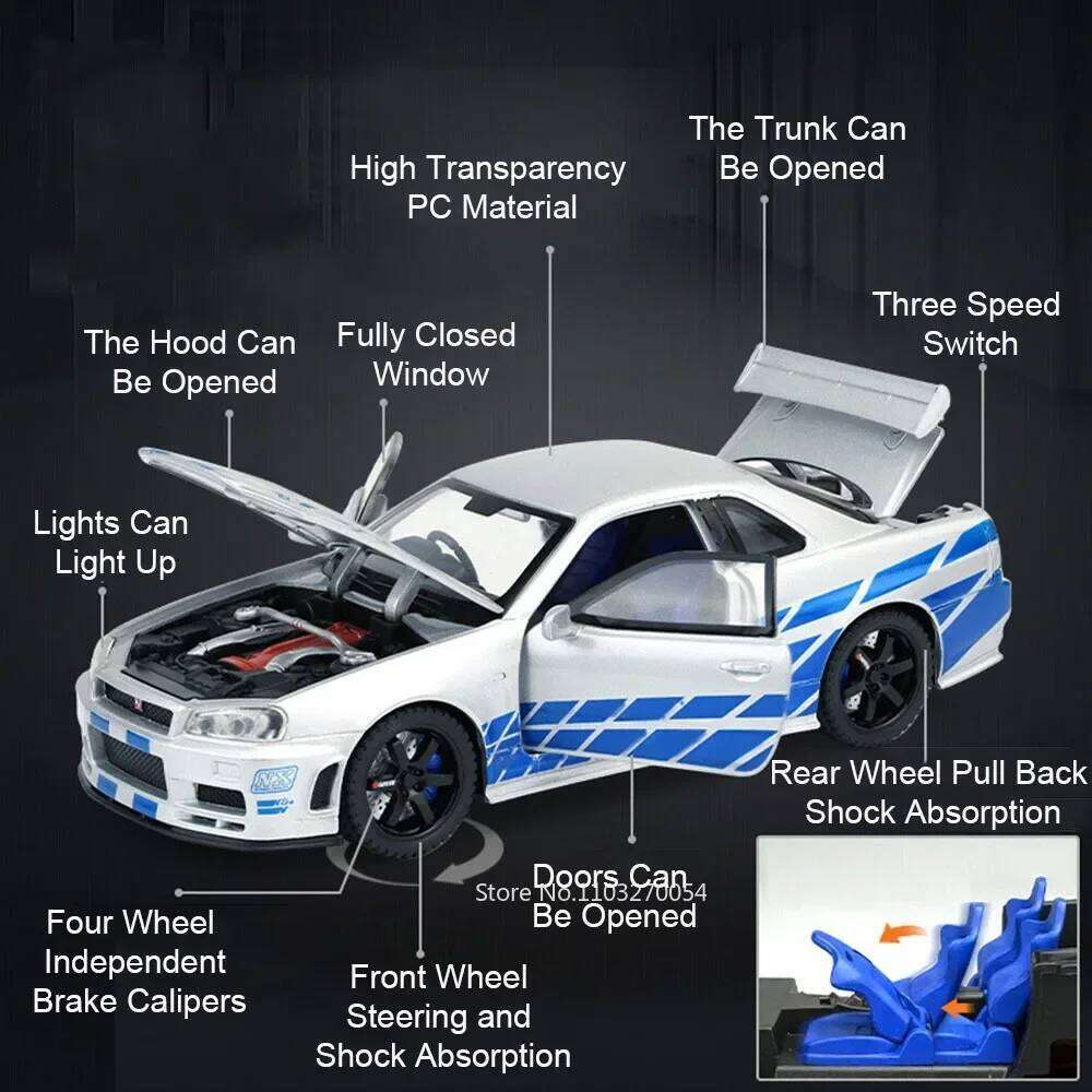 1:32 GTR R35 R34 Alloy Models Toys Diecast Miniature Cars 4 Doors Opened Sound Light Pull Back Vehices Adult Collecting Hobbies Z260306