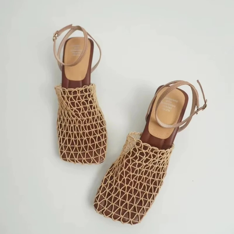 Summer Sandals Womens Lace Mesh Square Toe Shallow Narrow Strap Braided Slip-on High Heels Sandals 260306