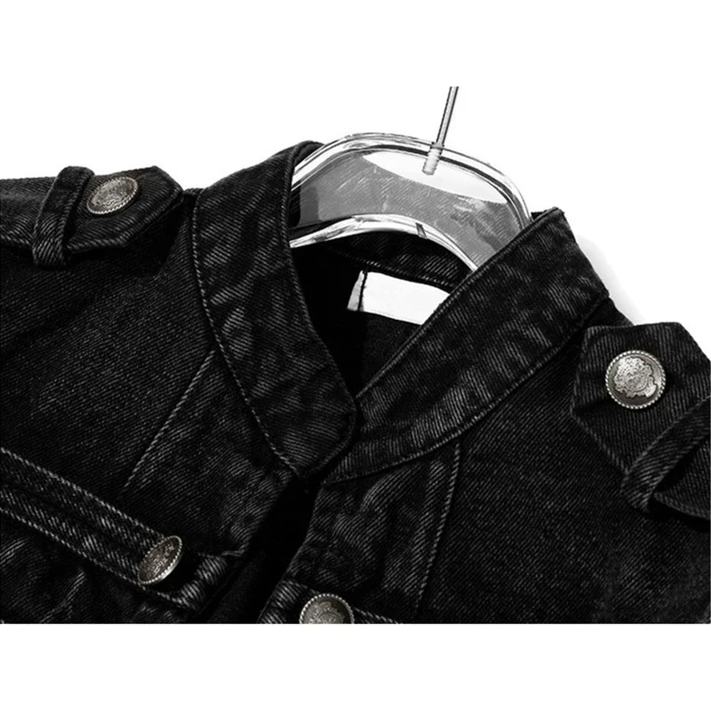 Streetwear Casual Loose Button Split Short Denim Jacket Women Fashion Spring Autumn 2026 Stand Collar Long Sleeve Jean Jacket 260303