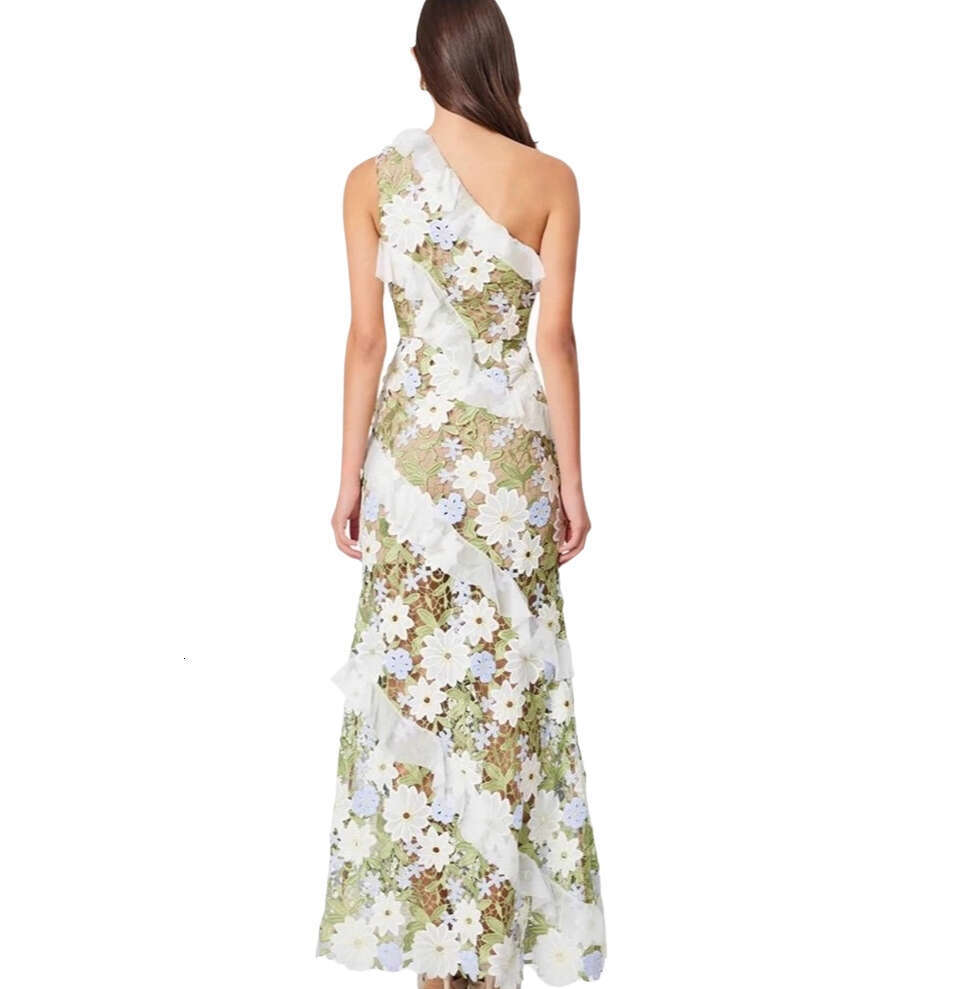 2026 Spring and Summer Fashion Brand Design Single Shoulder Sleeveless Colorful Flower Lace Slimming Long Dress
