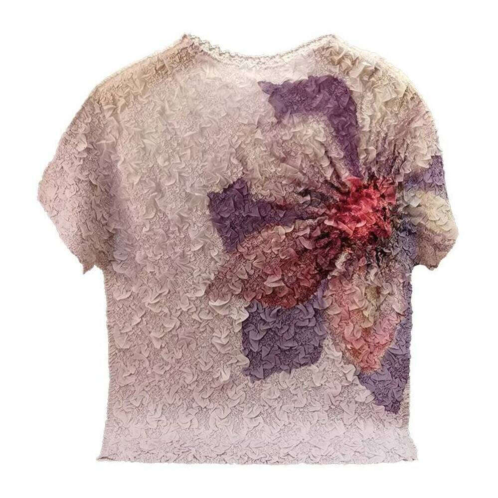 ZHE HAN Summer Pleated Embroidered Fold T-Shirt Women Miyake New Printing Short Sleeve Casual Thin Design Sense Pleat Tops