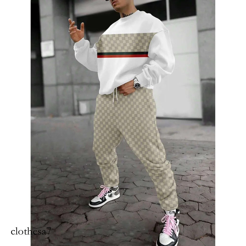 3D Printed Round Neck Drop Shoulder Sweatshirt And Joggers Two-Piece Set, Casual Sport Men's Outfit, Can Be Used As A Gift, Jogging Pants