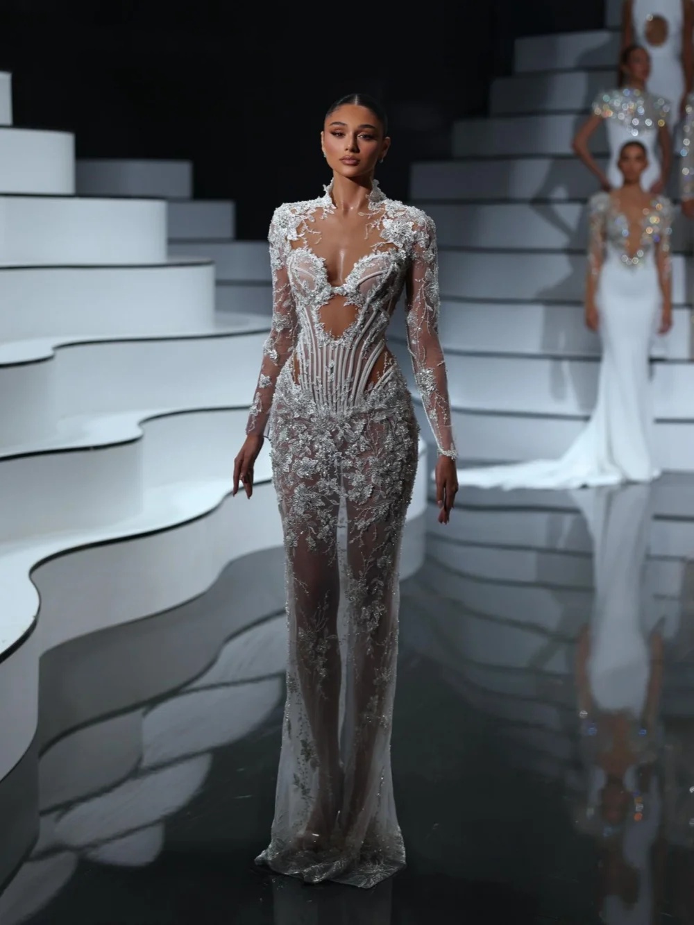 Vintage High Neck Sheath Wedding Dress Elegant Long Sleeve Sequined Bridal Dress See Through Customized vestido de novia