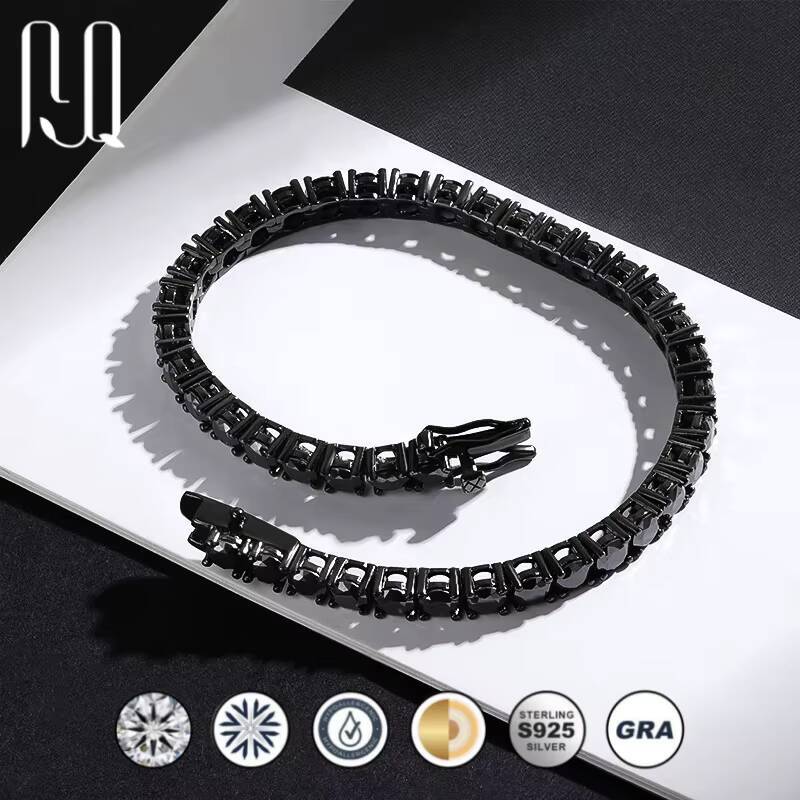 PYQ 3/4/5mm Black Moissanite Tennis Chains Hip Hop Jewelry 925 Sterling Silver Moissanite Bracelet with Black Rhodium Plated
