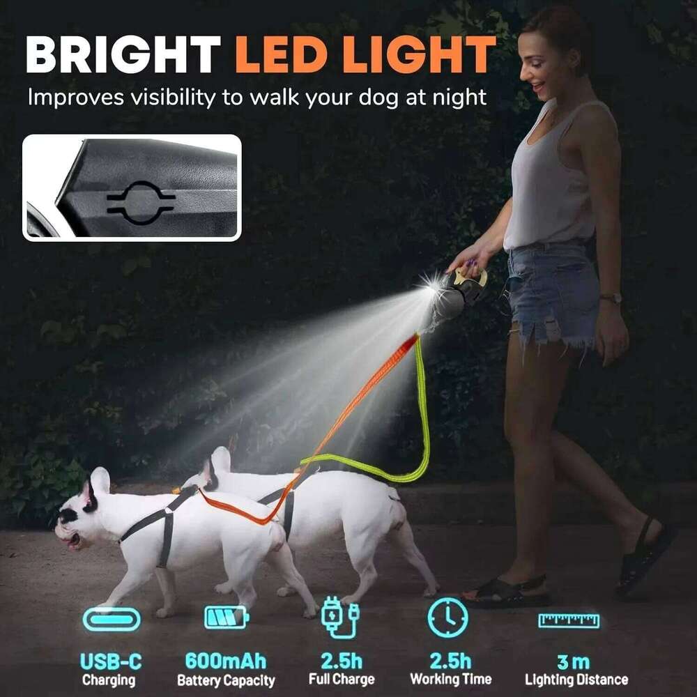 3M Retractable For Small Dogs Reflective Dual Pet Lead 360 Swivel No Tangle Double Dog Walking Leash With Lights Bamubi
