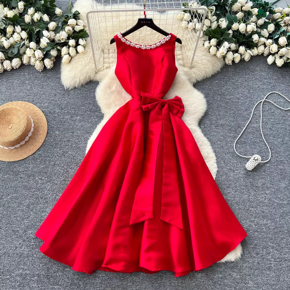 Light Luxury And Elegant Style Sleeveless A-line Dress For Women Summer Diamond-embellished Bow Waist-cinching Slimming Socialite Gown