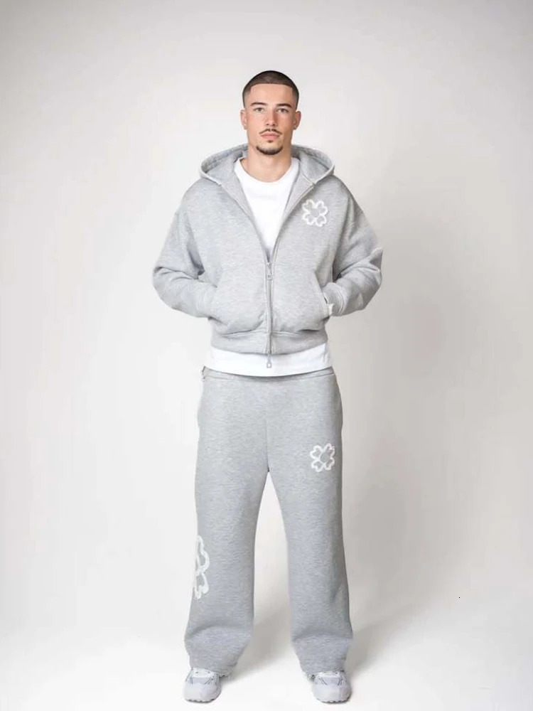 2026 fashion olive green embroidered zipper hoodie pants set mens street style fashion loose casual 2-piece sportswear 260228