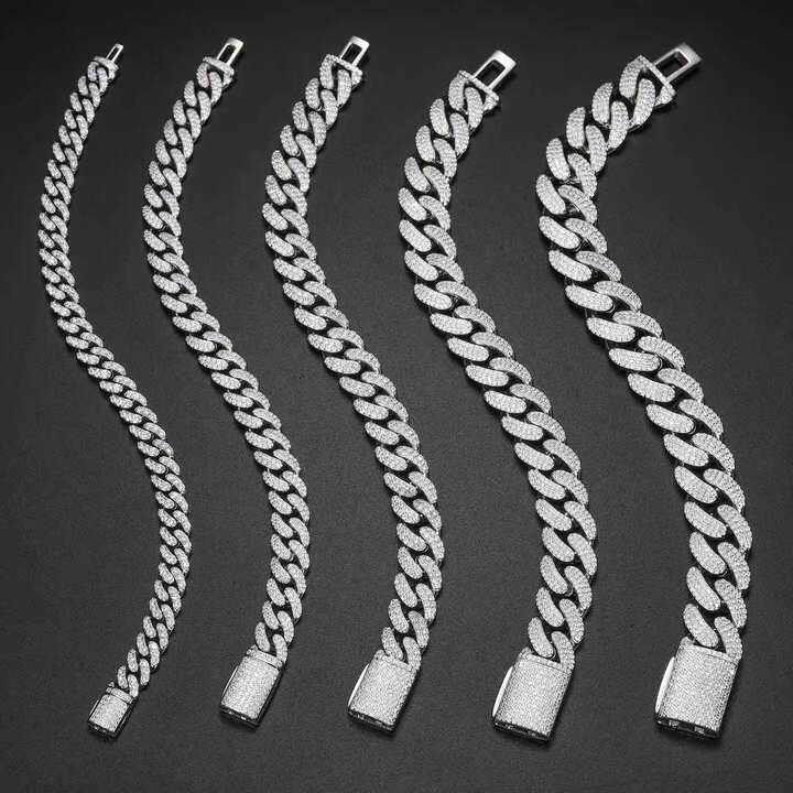 Wholesale Price Hip Hop Jewelry Luxury 8mm-20mm 925 Sterling Silver VVS Moissanite Diamond Iced Out Cuban Link Bracelet for Men