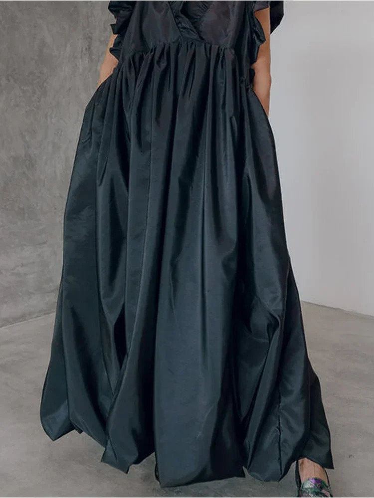 Elegant Womens Pleated Dress A-line Loose Ruffle Sleeveless Summer Casual Vintage Fashion V-Neck Summer Dress for Female 260306