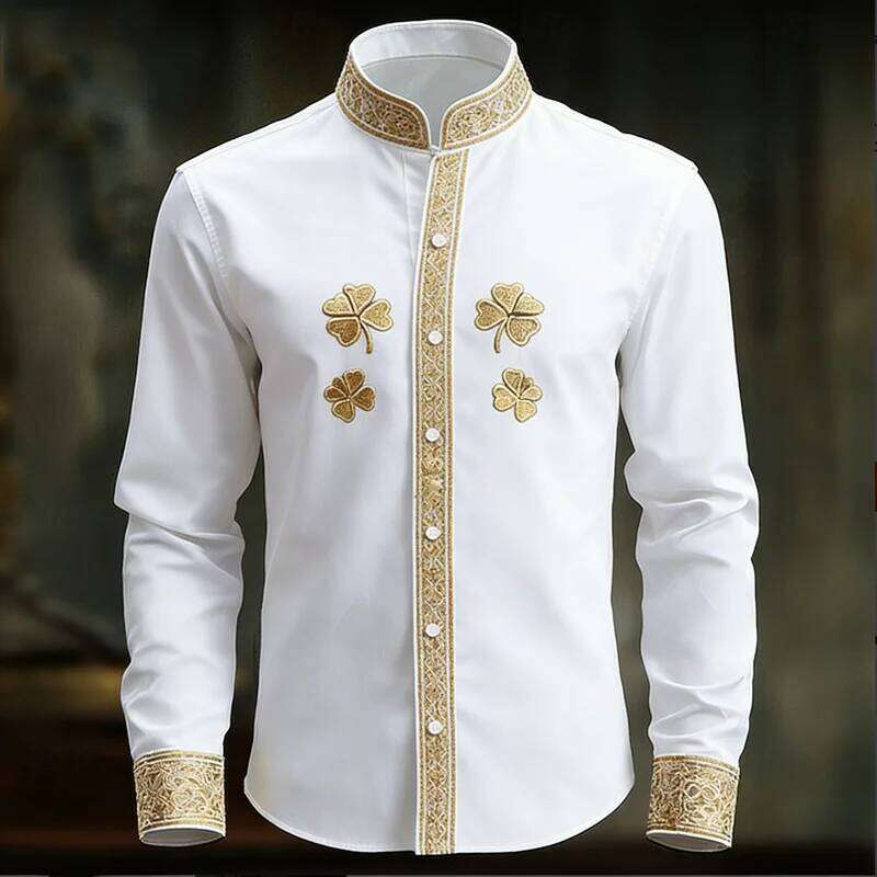 New Men's Floral With Gold 3D Clover Print, Fashionable And Luxurious Long Sleeved Shirt Top