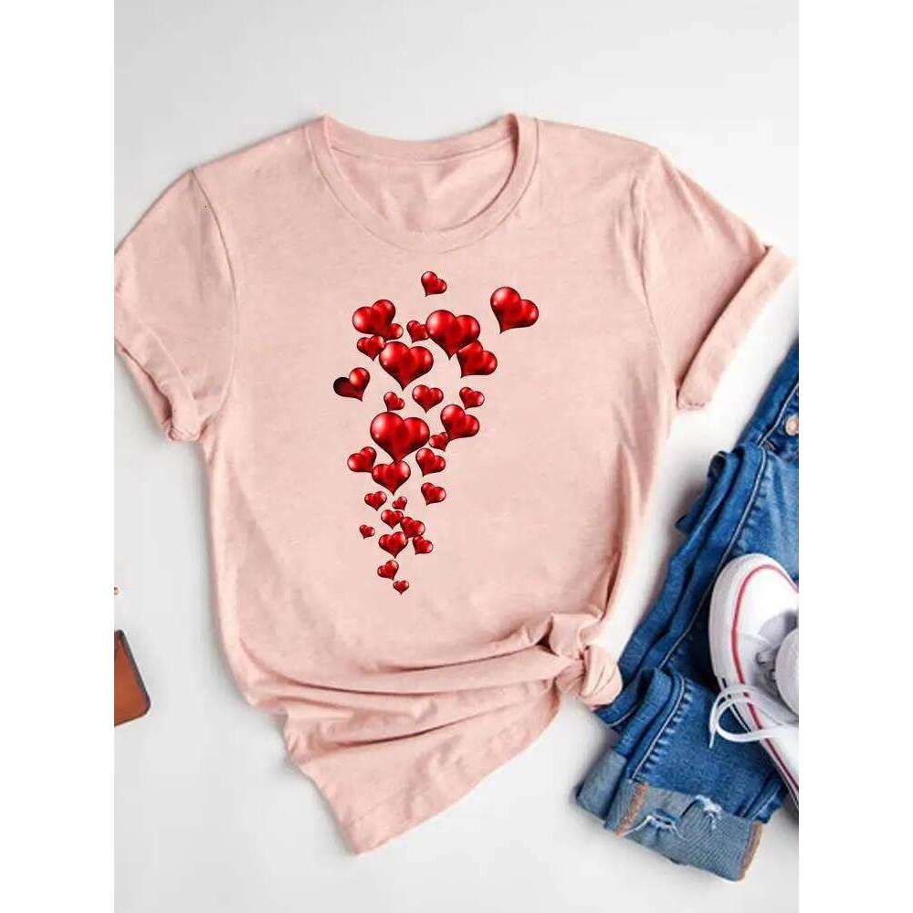 Watercolor Love Heart Sweet Fashion Short Sleeve Print T Shirt Tee Basic Clothing Summer Top Graphic T-shirt Women Clothes XJ260306