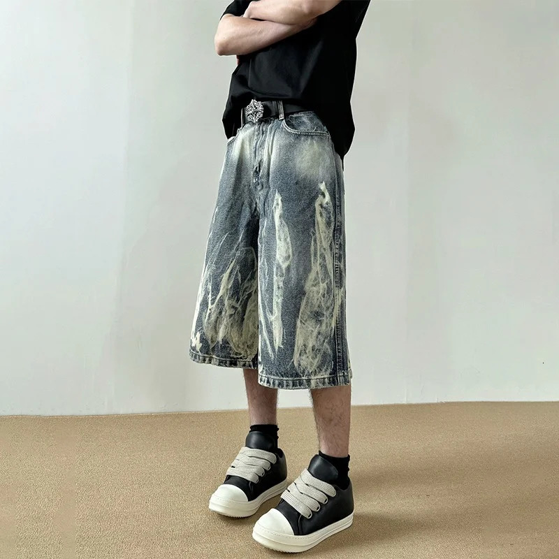 2026 Flame Graphic Print Denim Shorts For Men Hip Hop Fashion Straight-leg Baggy Jorts Punk Tie Dye Gradient Y2K Short Jean 260306