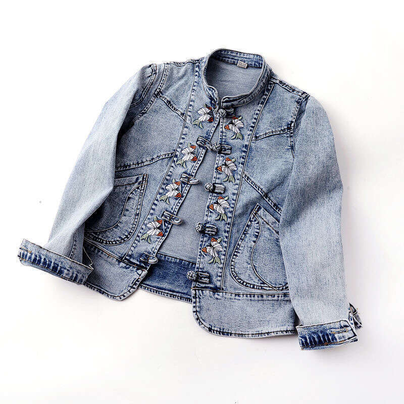 Mardi Hefxessdr 2023 Autumn New Chinese Style Embroidered Stretch Denim Women, Loose Vintage Trendy Short Jacket Top for Women