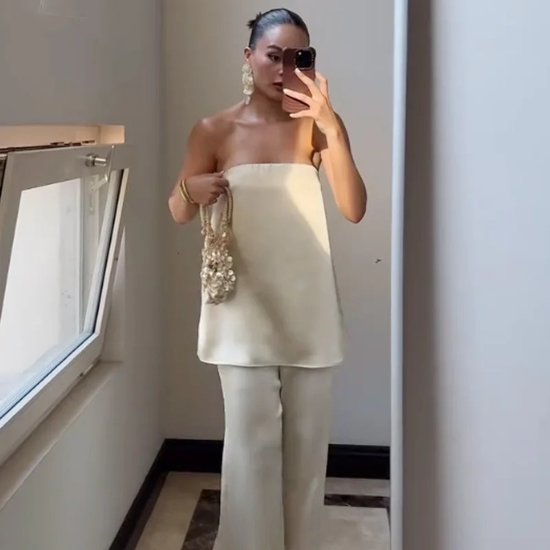 HXAO Satin Pant Sets Womens Two Pieces Set Strapless Off Shoulder Tube Vest 2 Piece Woman Outfit High Waist Trousers 260306