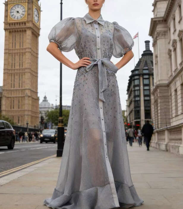 2026 European and American fairy style retro dress with rhinestone semi transparent single breasted loose waistband long skirt