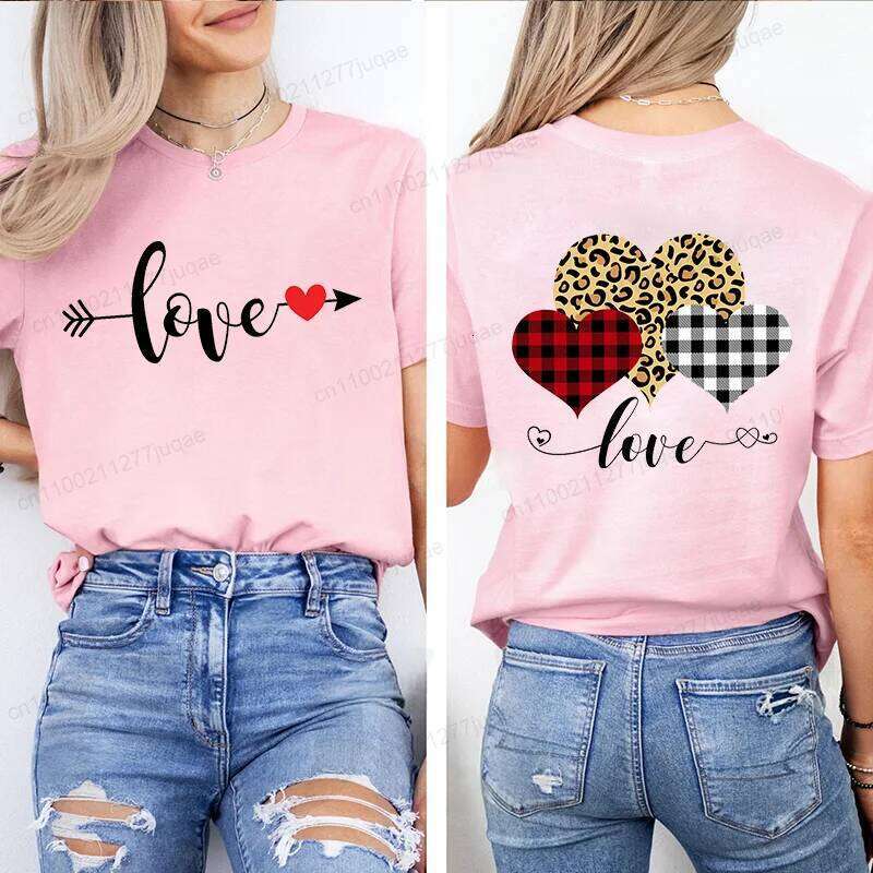 Leopard Shirt T-Shirt Xmas for T Shirts Retro Valentine Heart T-Shirts Casual Short Sleeve Tshirt Women Pink Clothes XJ260306