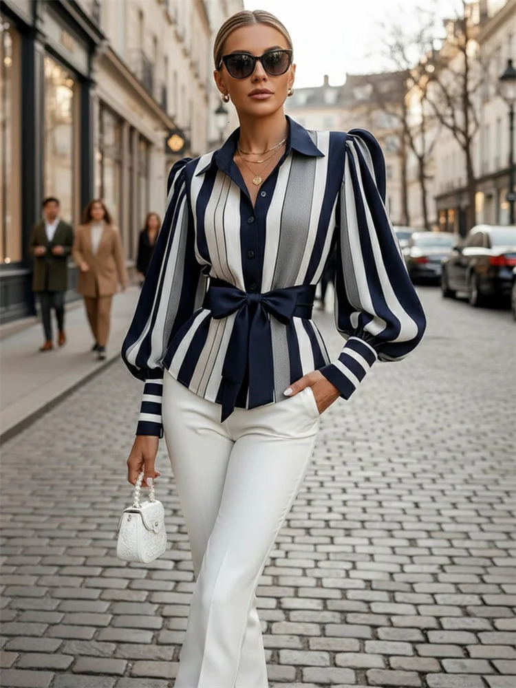 UOOZEE Womens Contrast Color Striped Shirt Long Puff Sleeves Belted Elegant Office Blouse 2026 Fashion Tops Formal Workwear 260228