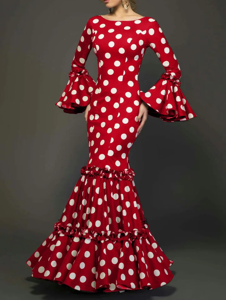 Elegant Party Long Dress Women Polka Dot Printed Ruffle Hem Sundress Bohemian Casual O-neck Flare Sleeve Slim Maxi Robe 260304