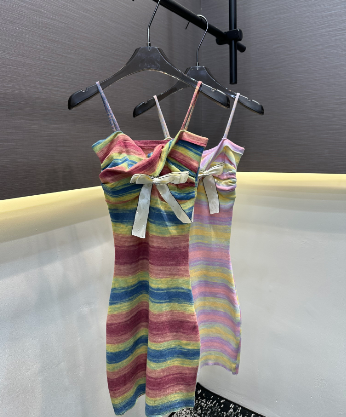 26 Women's Spring/Summer Dress Rainbow Stripe Strap Dress Style Versatile Single Item Top 3-07