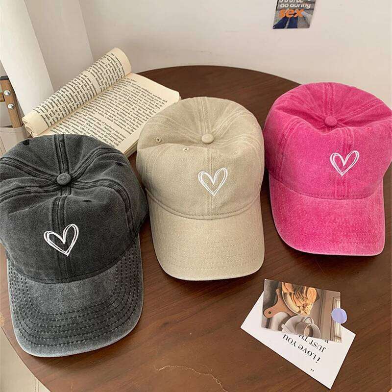 Summer Women Baseball Cap Peach Heart Embroidered Wash Denim Soft Top Dad Hat Casual Korean Couple Retro Y2K Snapback Sun Hats Y260304