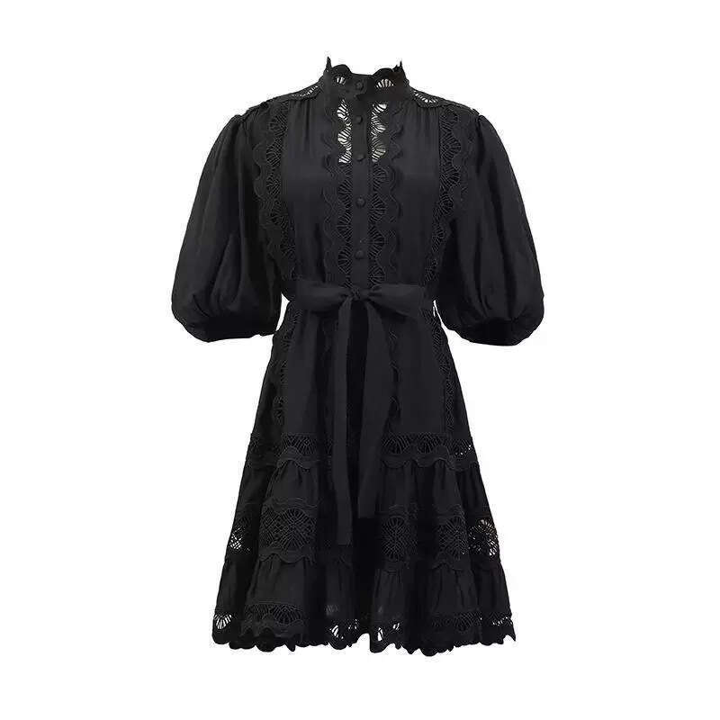 2026 Spring and Autumn Season European and American Minority Ladies Elegant Design Lace Bordered a3 Lantern Sleeves Solid Color Loose Tie Skirt