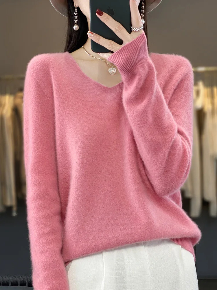 100 Merino Wool Womens Sweater VNeck Long Sleeve Pullovers Autumn Winter Basic Jumper Cashmere Knitwear Warm Female Clothing 260306