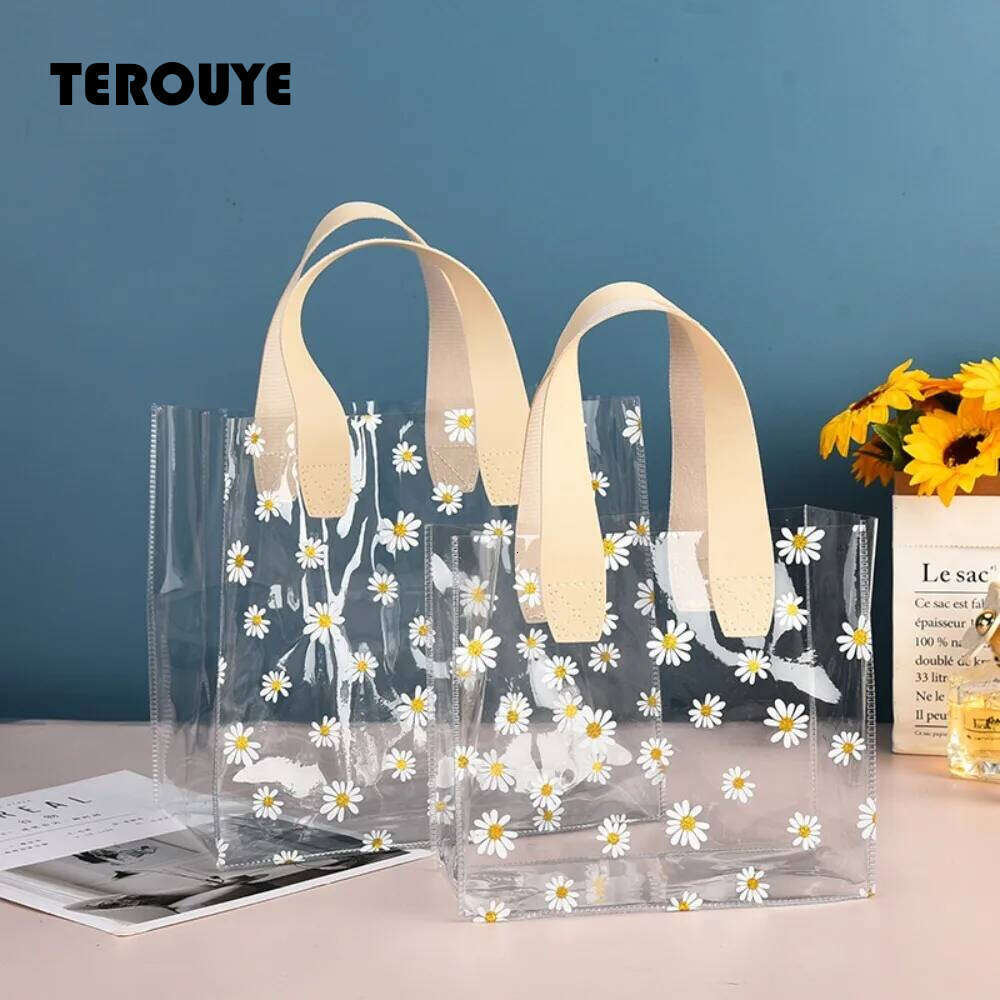 High Quality PVC Clear Tote Little Daisy Waterproof Storage Handle Gift Bag Transparent Shopping Bags TEROUYE