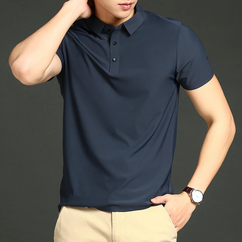 Golf Solid Ice Silk Traceless Silk Loose Polo Shirt Short Sleeve T-shirt Mens Elastic Ironless Thin Polo Neck Light 260305