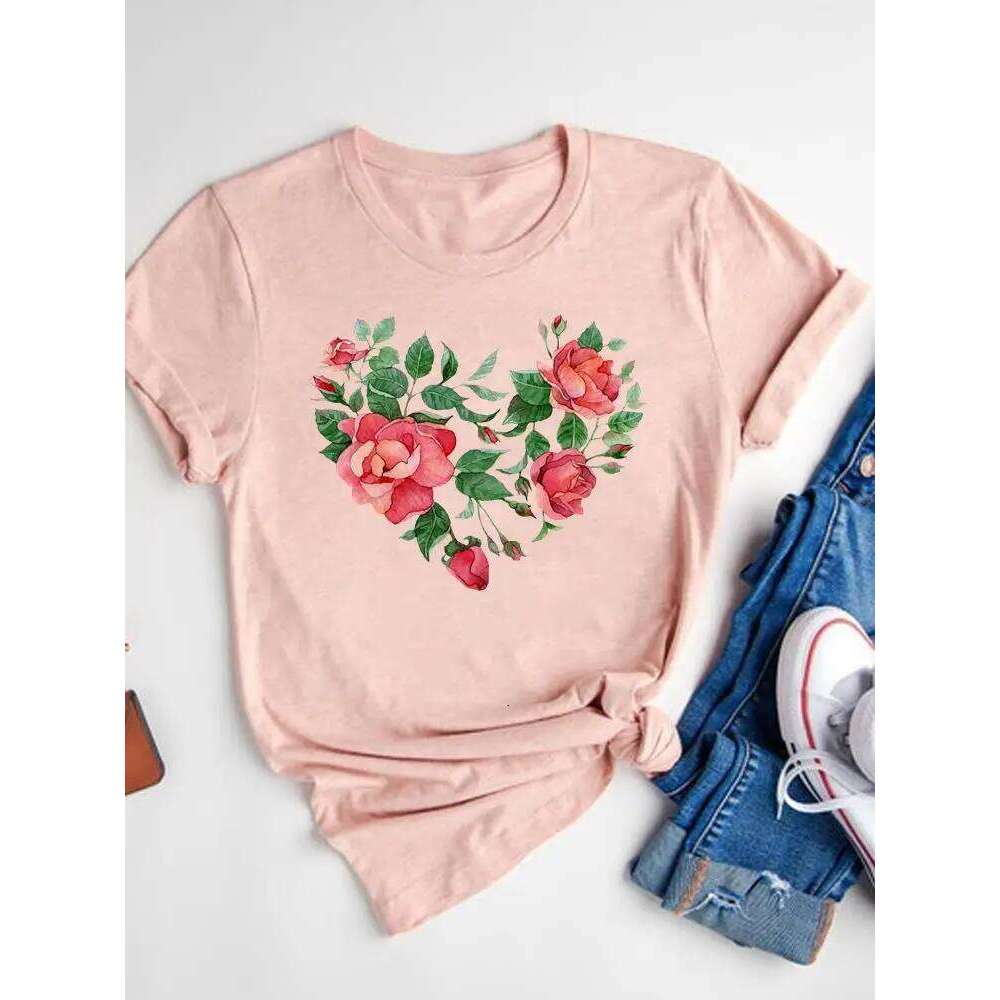 Watercolor Love Heart Sweet Fashion Short Sleeve Print T Shirt Tee Basic Clothing Summer Top Graphic T-shirt Women Clothes XJ260306