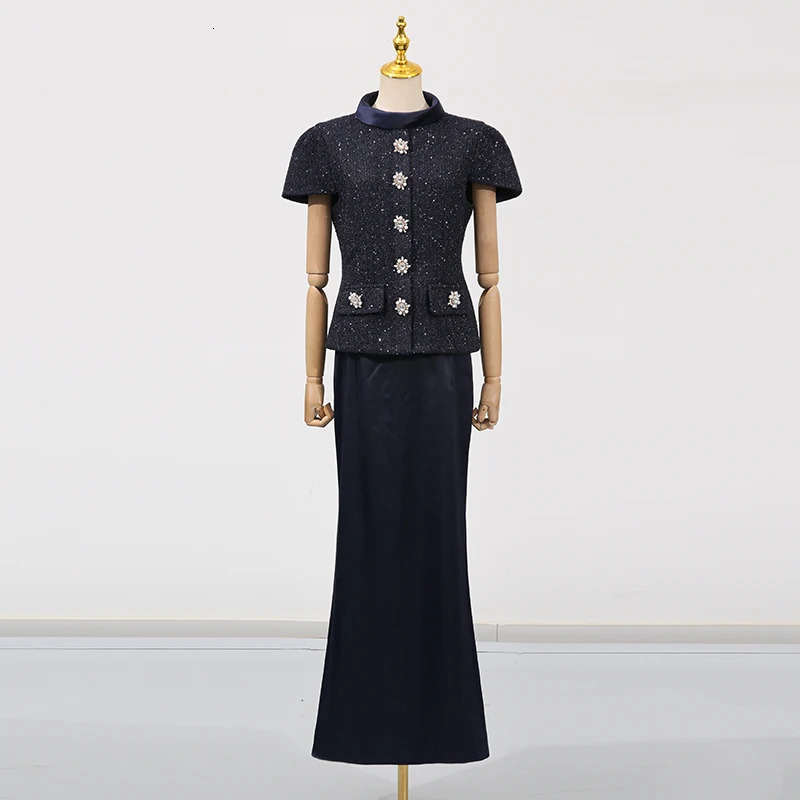 VGH Chic Two Piece Sets for Women Stand Collar Short Sleeves Spliced Pocket Tweed Top High Waist Maxi Skirts Vintage Suit Female 260304