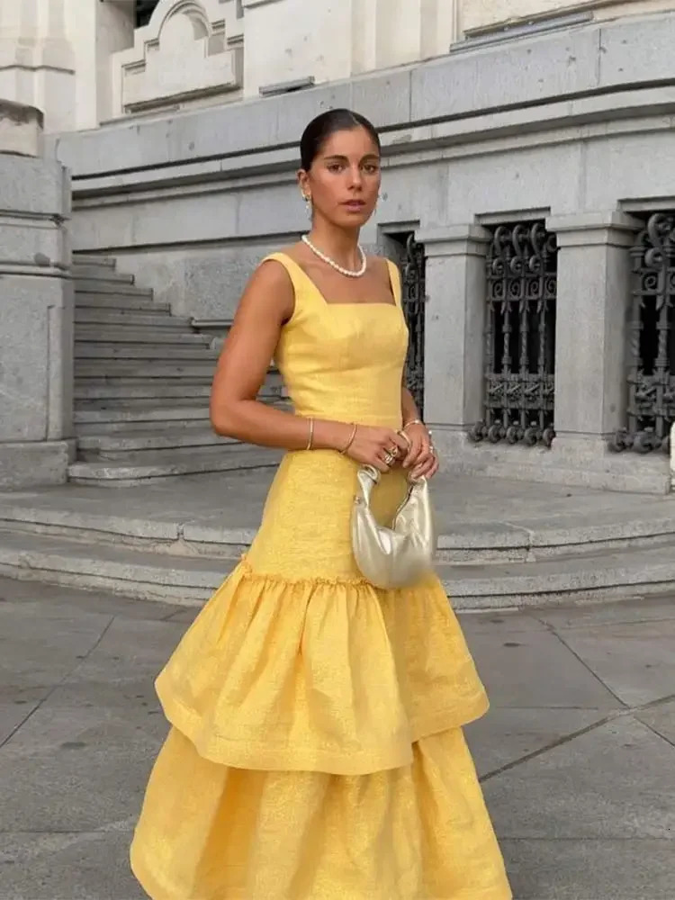 y Sparkling Ruffled Layerd Yellow Long Dress Chic Backless Bodycon Wedding Sling Robes Women Elegant Party Club Vestidos 260306