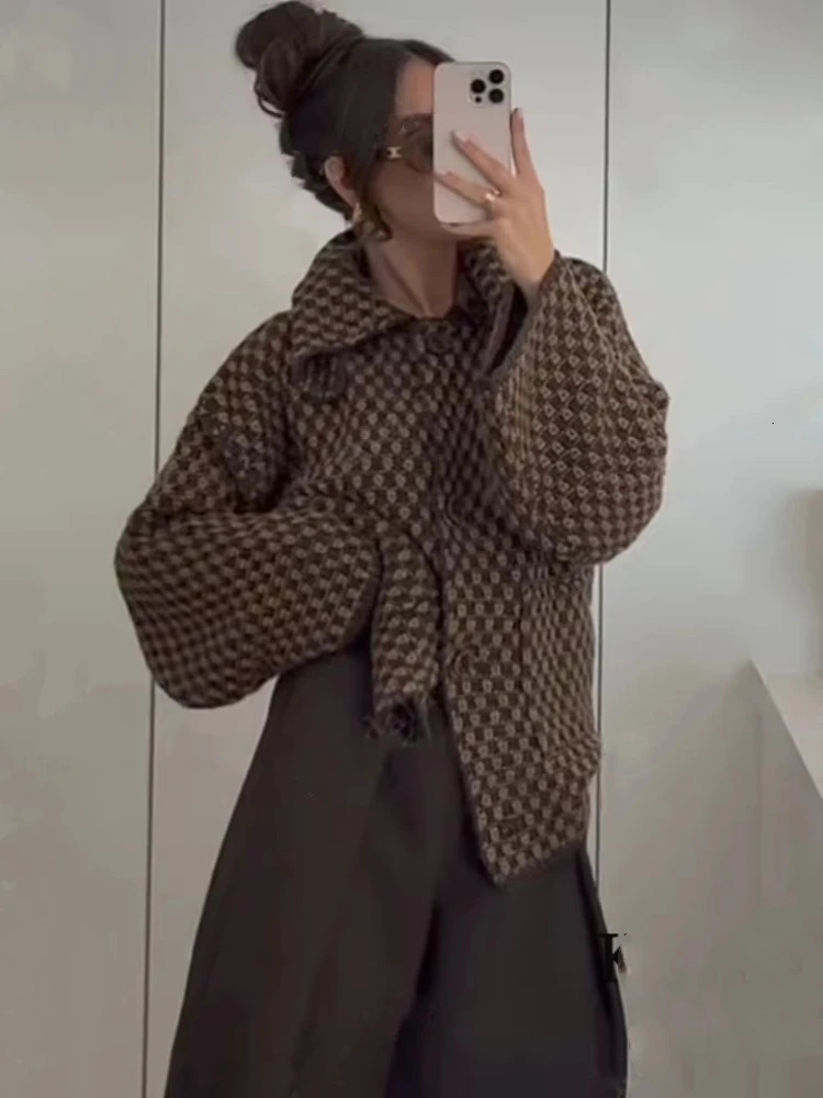 Autumn Brown Long Sleeve Knitted Cardigans Women Elegant Lapel Single Breasted Loose Sweater Coat Knitwear Korean Style 260305