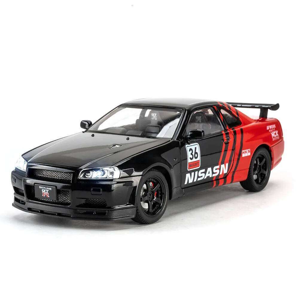 1:24 SKYLINE GTR R34 Alloy Sports Car Toys Model Diecast Cars Front Wheel Steering Sound Light Pull Back Vehices Adult Kids Gift Z260307