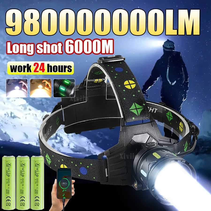 980000000LM High Power LED Headlamp Head Flashlight Long Shot 6000M 18650 Fishing Hunting Work Head Torch Rechargeable Headlight H260307