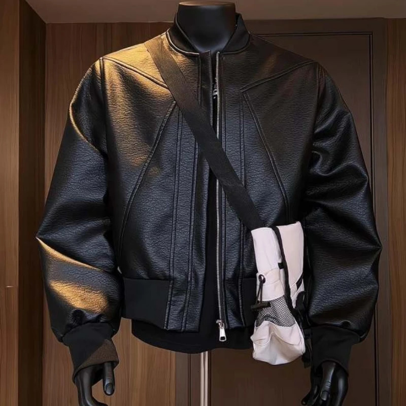 American Trend Retro Crack Leather Versatile Casual Jackets Stand Collar Leather Bomber Mens Fashion Commuter Leather Coat 260306