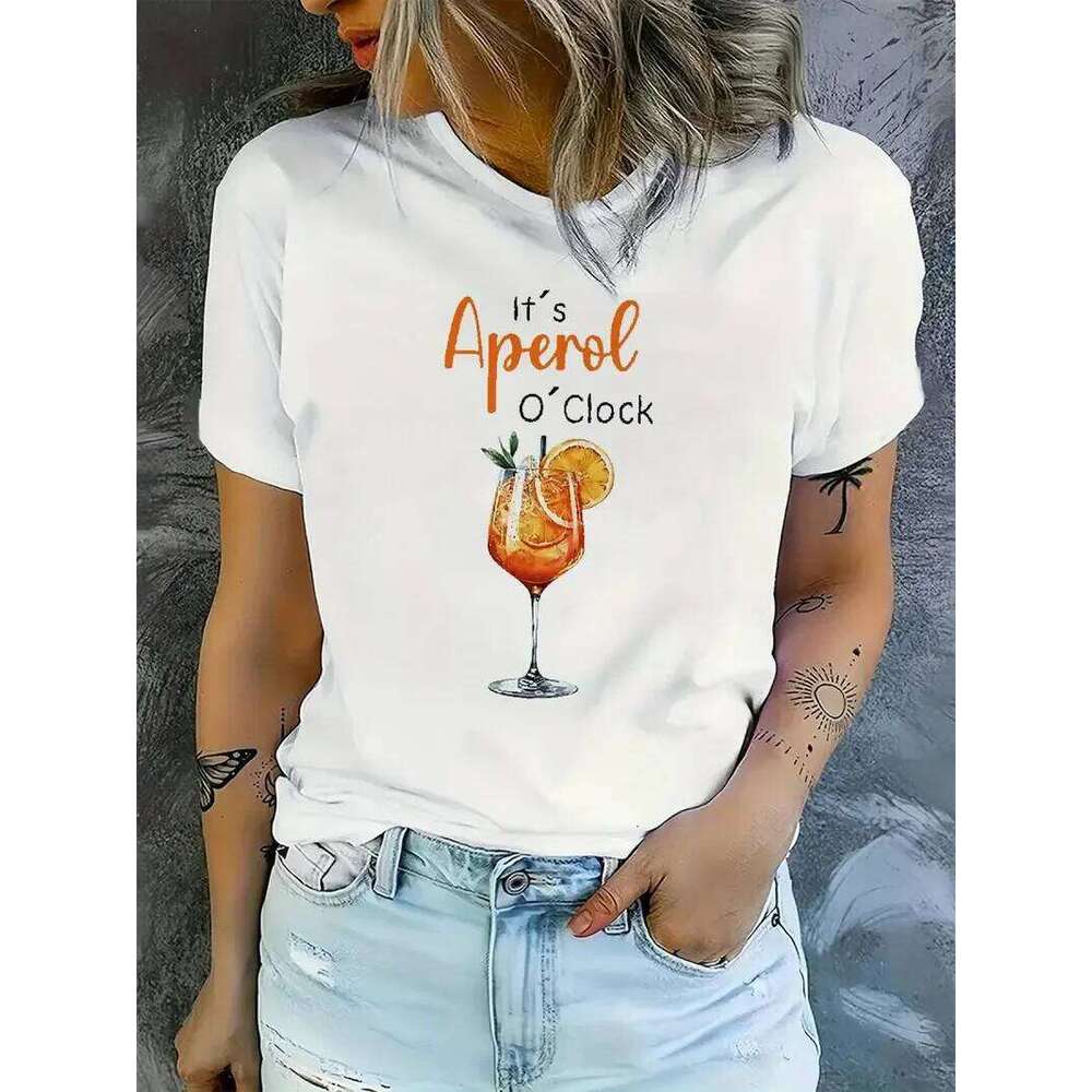 Aperol O'Clock Women's Crew Neck T-Shirt Casual Short Sleeve Letter Print Spring Summer Top Tee T Shirt Women Clothes XJ260306 XJ260306