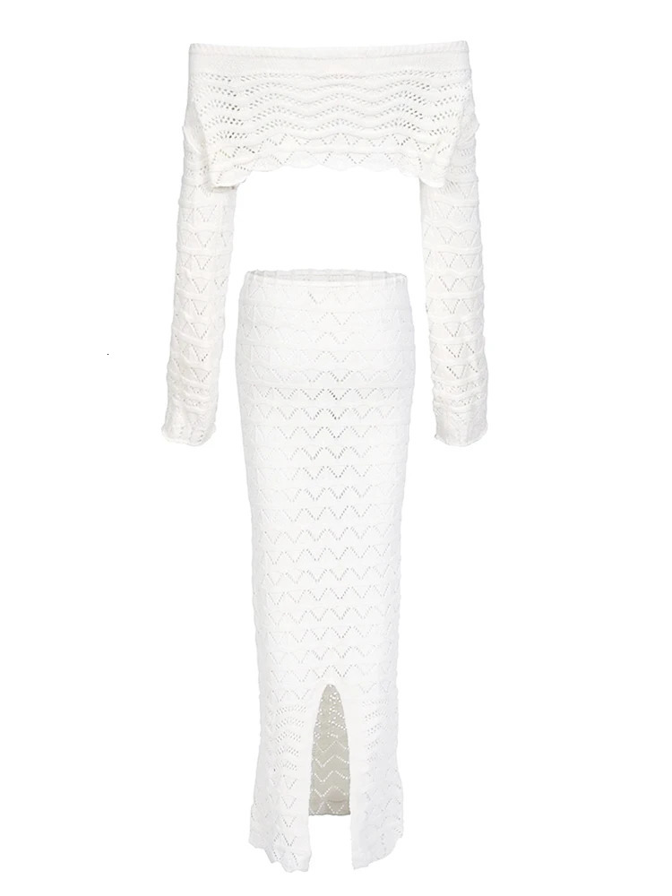 Sexy Knit Oneneck Long Sleeve Short Top Drawstring Half Skirt Beach Twopiece 2026 Women Summer Swimsuit Cover Up Chic Set K172 260228