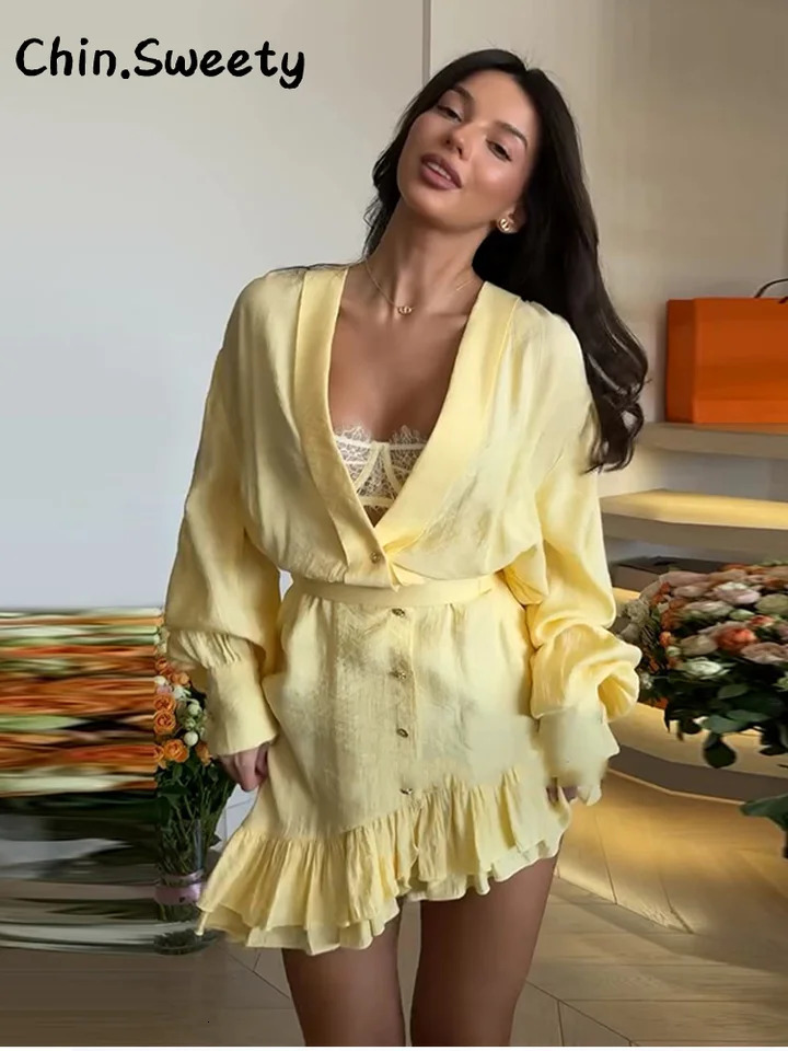 Elegant Asymmetric Cascading Ruffles Mini Dress Women Loose Solid V-neck Full Sleeve Button Summer Dresses Lady Robes 260306