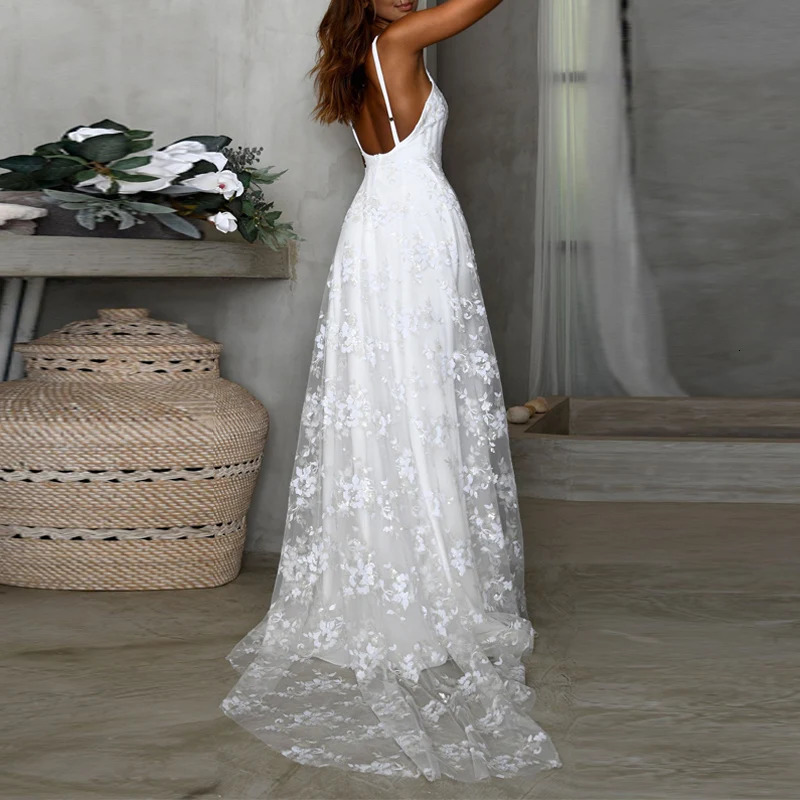 Elegant Ladies Backless High Split Party Dress Sexy Sling V Neck Jacquard Mesh Long Fashion White Wedding 260306
