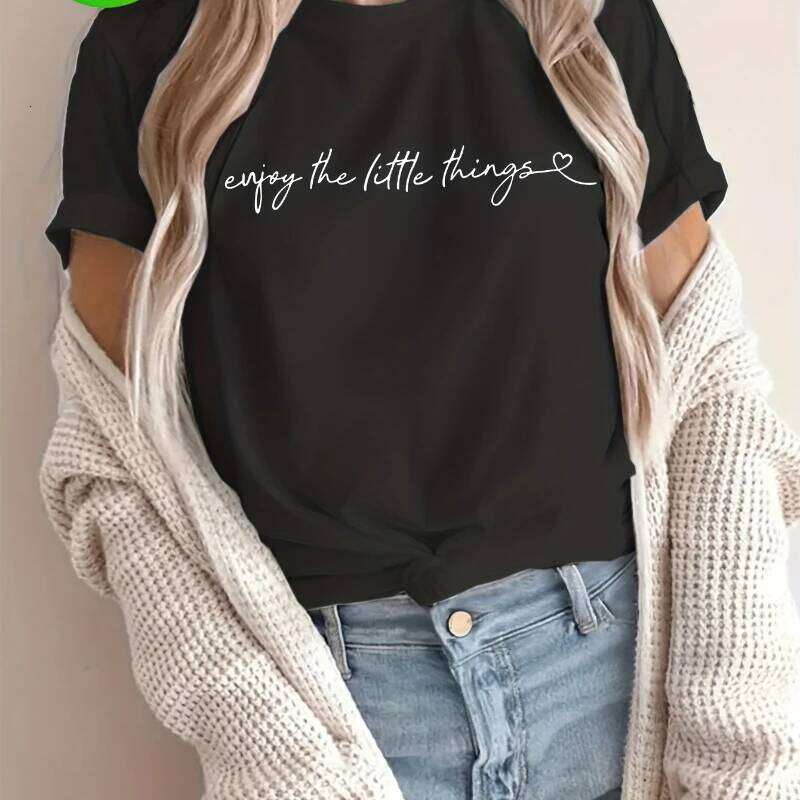 Women's Casual Short Sleeve T-Shirt "Enjoy the Little Things" Print - Black with White Cursive Lettering Ladies T Shirts XJ260306