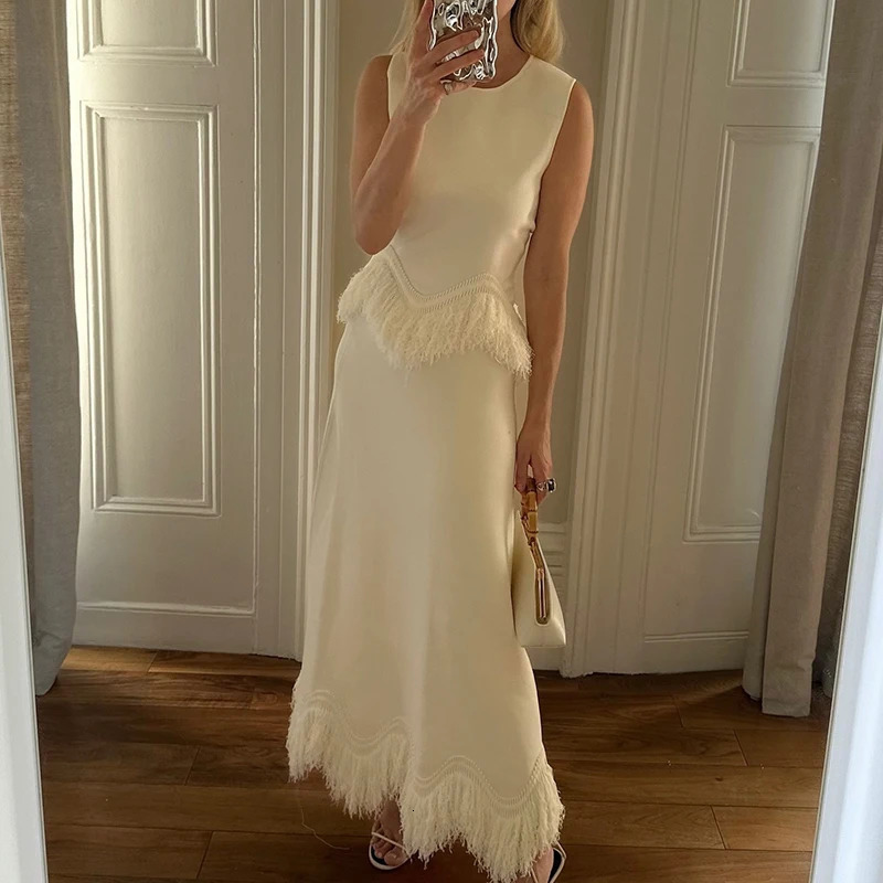 y Banquet Temperament Slim Sets Chic Sleeveless O Neck VestSkirts Spring Summer Solid Tassel Spliced 2 Piece 260306