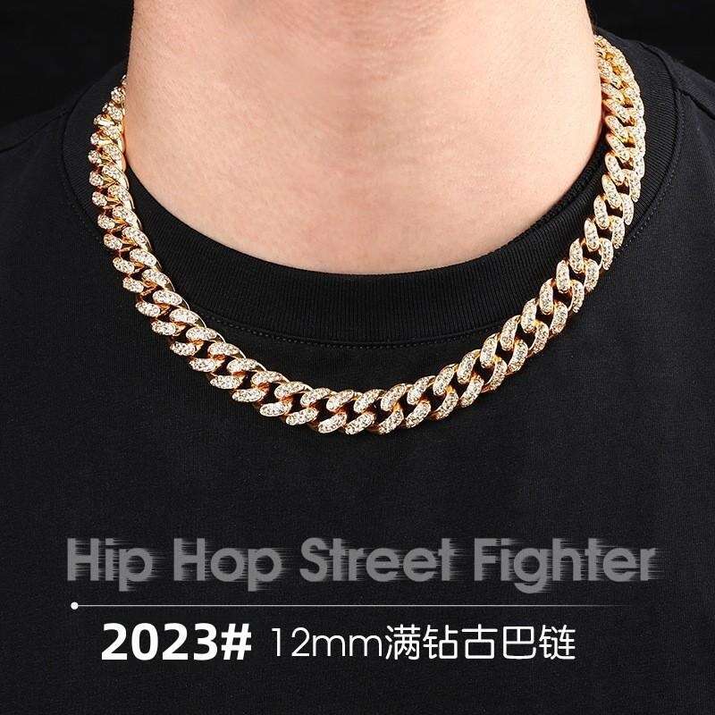 European American alloy men's Cuban chain, fully studded with diamonds, quality, 12mm, hip-hop style, cross-border wholesale, cool and high quali