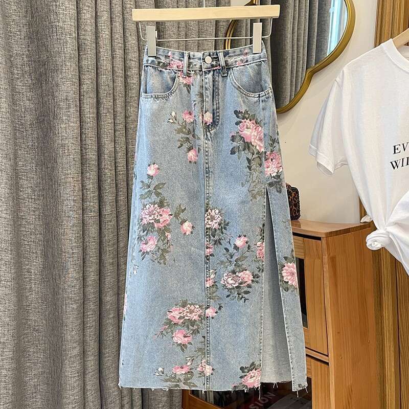 Mardi Hefxessdr Versatile Slimming Split Denim Print Midi Skirt Women plus Size Wrap around Mid-Length Skirt Spring Summer New Arrival