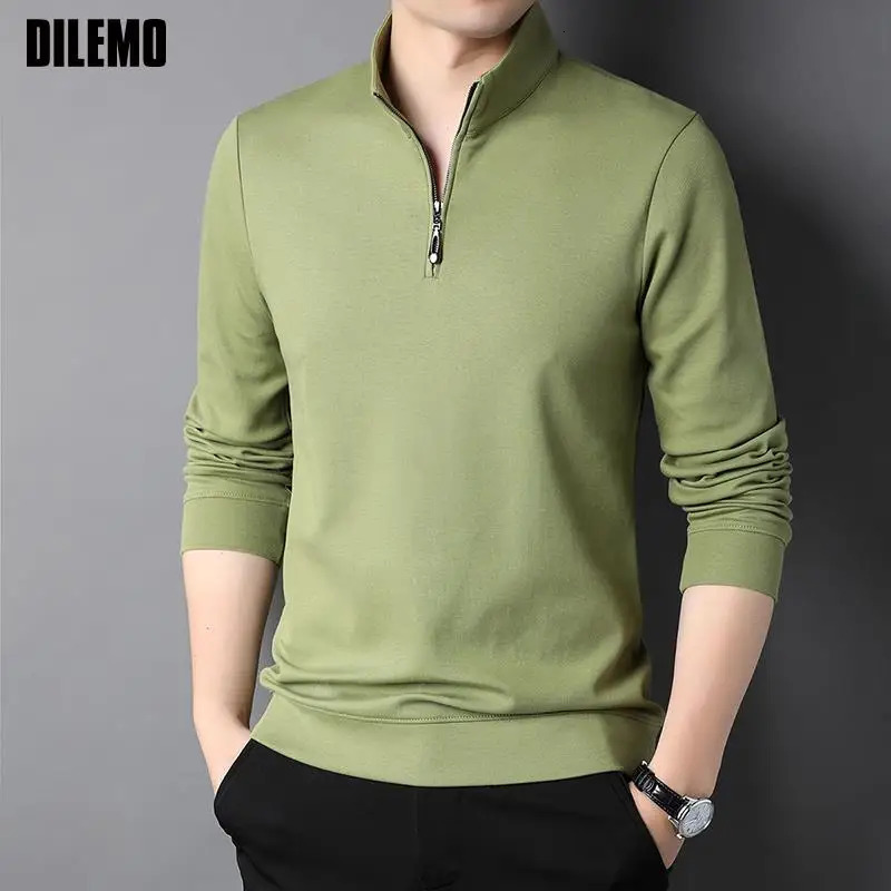 Top Grade Fashion y Zipper Polo Shirt Men Casual Plain Korean Solid Color Long Sleeve Tops Mens Clothing 260302