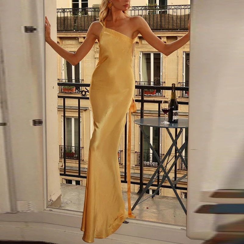 Spring Sexy Inclined Shoulder Party Dress Women High Waist Satin Boho Long Dress Summer Backless Hollow Bandage Maxi Dress 260306
