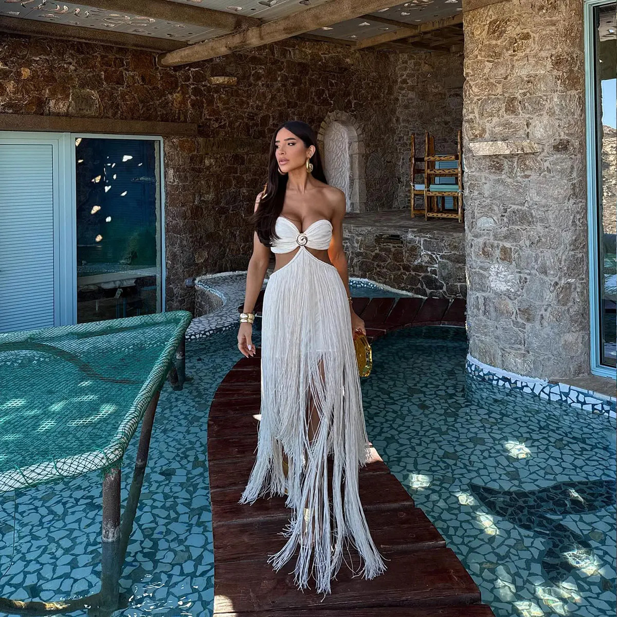 2026 Tassel Skirt Set Women A Line High Waist Beach Crossover Top Summer Holiday Party Bathing Suit 260306